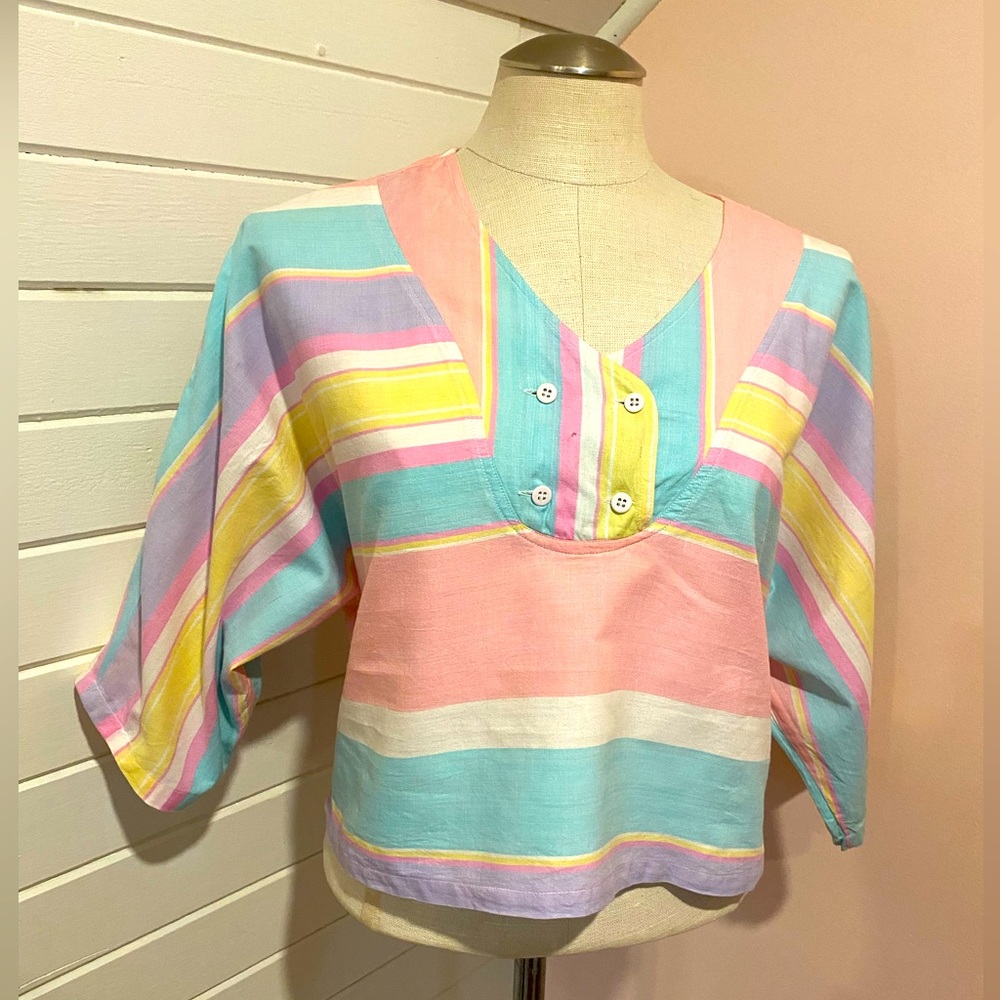 Vintage 1980s Light Cotton Cropped Top, Pastel, Buttons, Size Small